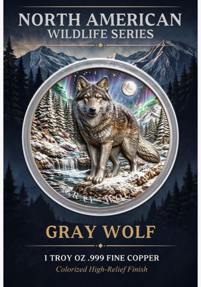 North American Wildlife - Gray Wolf UHR Colorized 1 oz Copper Medal in Card (05/21)