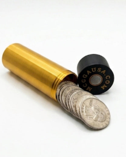 SMALL SHOTGUN SHELL COIN HOLDER FOR QUARTERS! GOLD AND BLACK COLOR SCHEME.