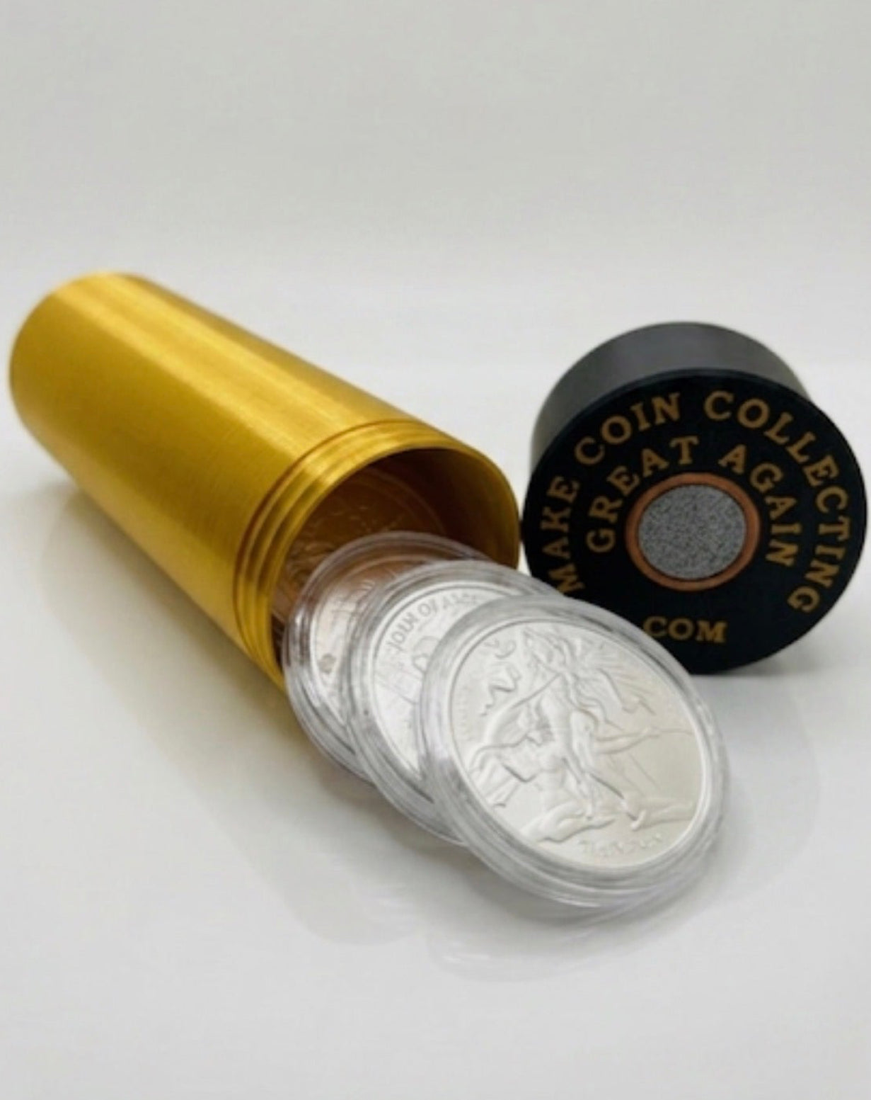 LARGE SHOTGUN SHELL COIN HOLDER FOR 1 oz COINS/ROUNDS IN AIR-TIGHT CAPSULES! GOLD AND BLACK COLOR SCHEME.