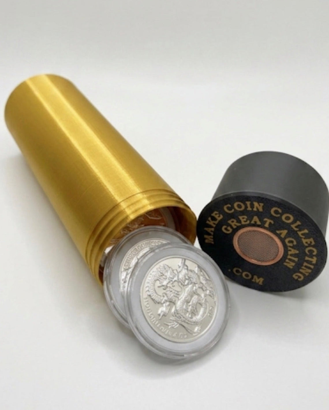 XL SHOTGUN SHELL COIN HOLDER FOR 1 OZ ROUNDS/COINS IN A FOAM CAPSULE! GOLD AND BLACK COLOR SCHEME.
