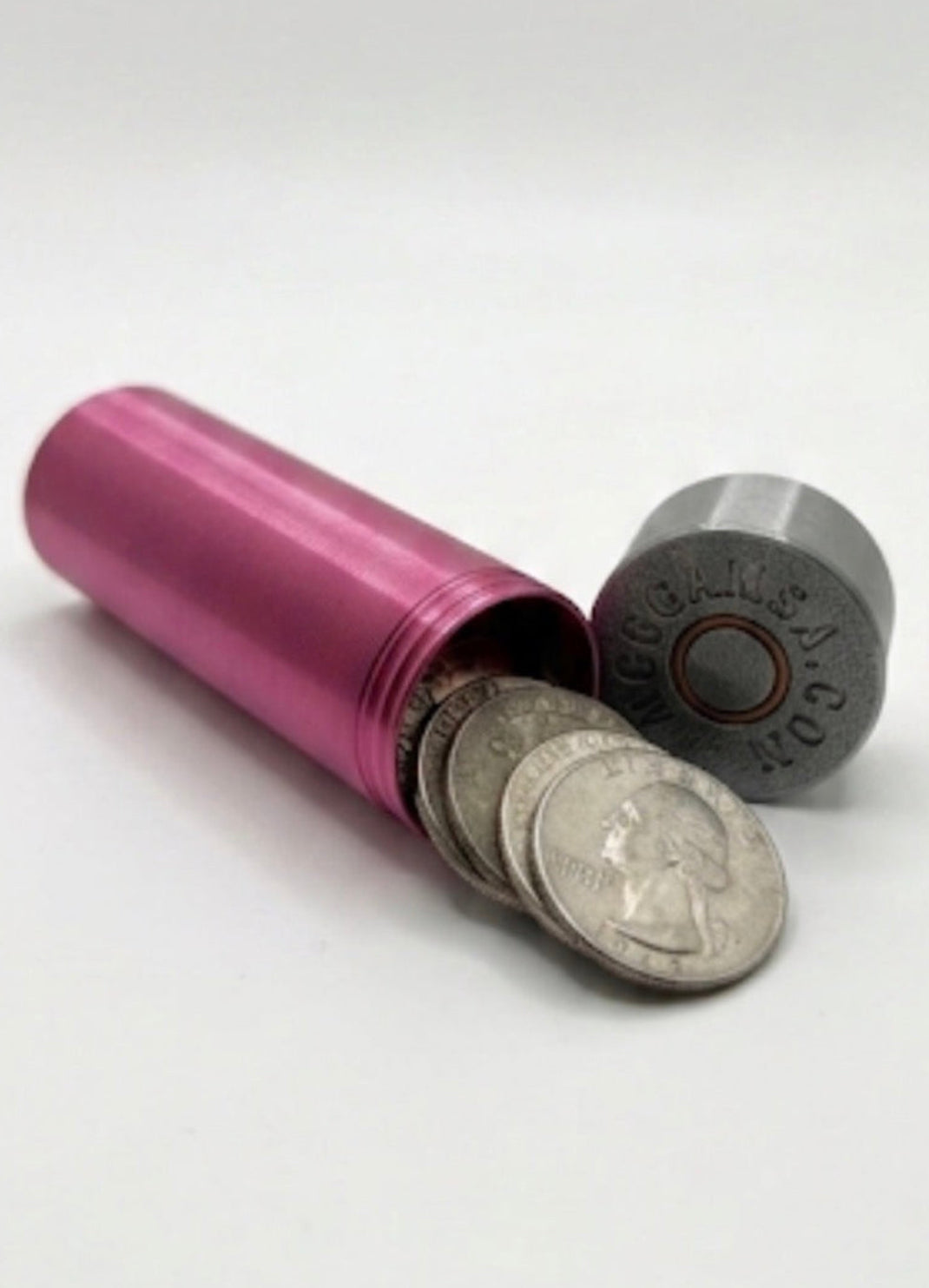 SMALL SHOTGUN SHELL COIN HOLDER FOR QUARTERS! FUCHSIA AND SILVER COLOR SCHEME.