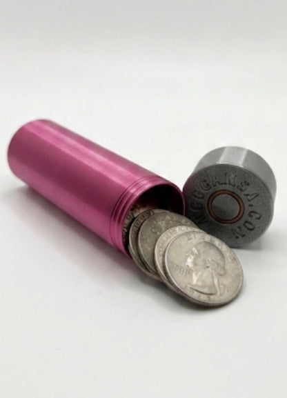 SMALL SHOTGUN SHELL COIN HOLDER FOR QUARTERS! FUCHSIA AND SILVER COLOR SCHEME.