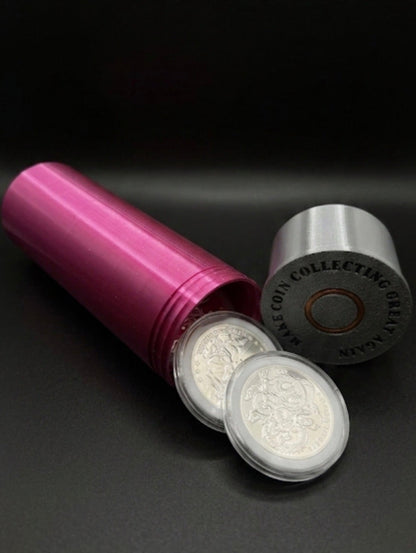 XL SHOTGUN SHELL COIN HOLDER FOR 1 OZ ROUNDS/COINS IN A FOAM CAPSULE! FUCHSIA AND SILVER COLOR SCHEME.