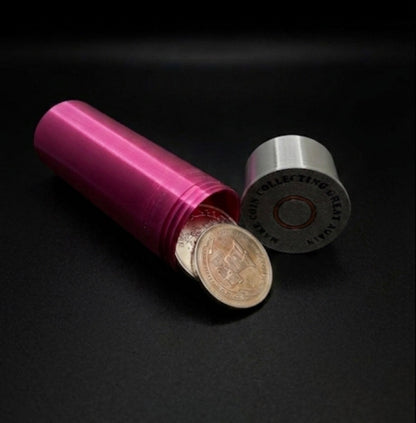 MEDIUM SHOTGUN SHELL COIN HOLDER FOR 1 oz RAW COINS/ROUNDS! FUCHSIA AND SILVER COLOR SCHEME.