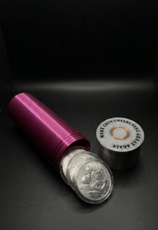 LARGE SHOTGUN SHELL COIN HOLDER FOR 1 oz COINS/ROUNDS IN AIR-TIGHT CAPSULES! FUCHSIA AND SILVER COLOR SCHEME.
