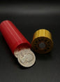 SMALL SHOTGUN SHELL COIN HOLDER FOR QUARTERS! RED AND GOLD COLOR SCHEME. (Copy)