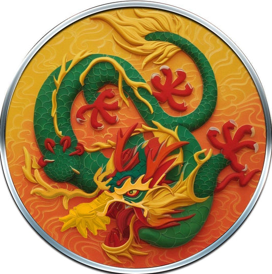Australia 2021 Myths Legends Royal Golden Green Dragon 1 oz Colorized Silver Coin (50 Mintage)