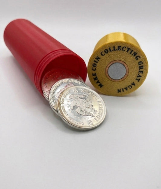 MEDIUM SHOTGUN SHELL COIN HOLDER FOR 1 oz RAW COINS/ROUNDS! RED AND GOLD COLOR SCHEME.