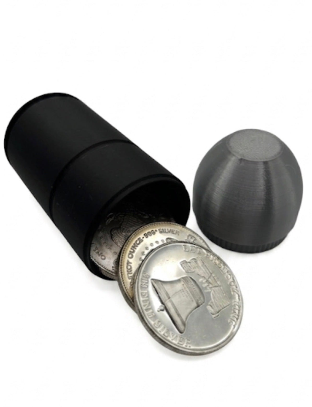 40mm GRENADE COIN HOLDER FOR 1 oz RAW COINS/ROUNDS! BLACK AND SILVER COLOR SCHEME.