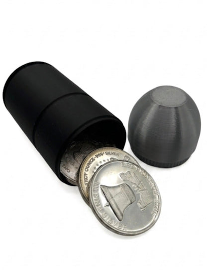 40mm GRENADE COIN HOLDER FOR 1 oz RAW COINS/ROUNDS! BLACK AND SILVER COLOR SCHEME.