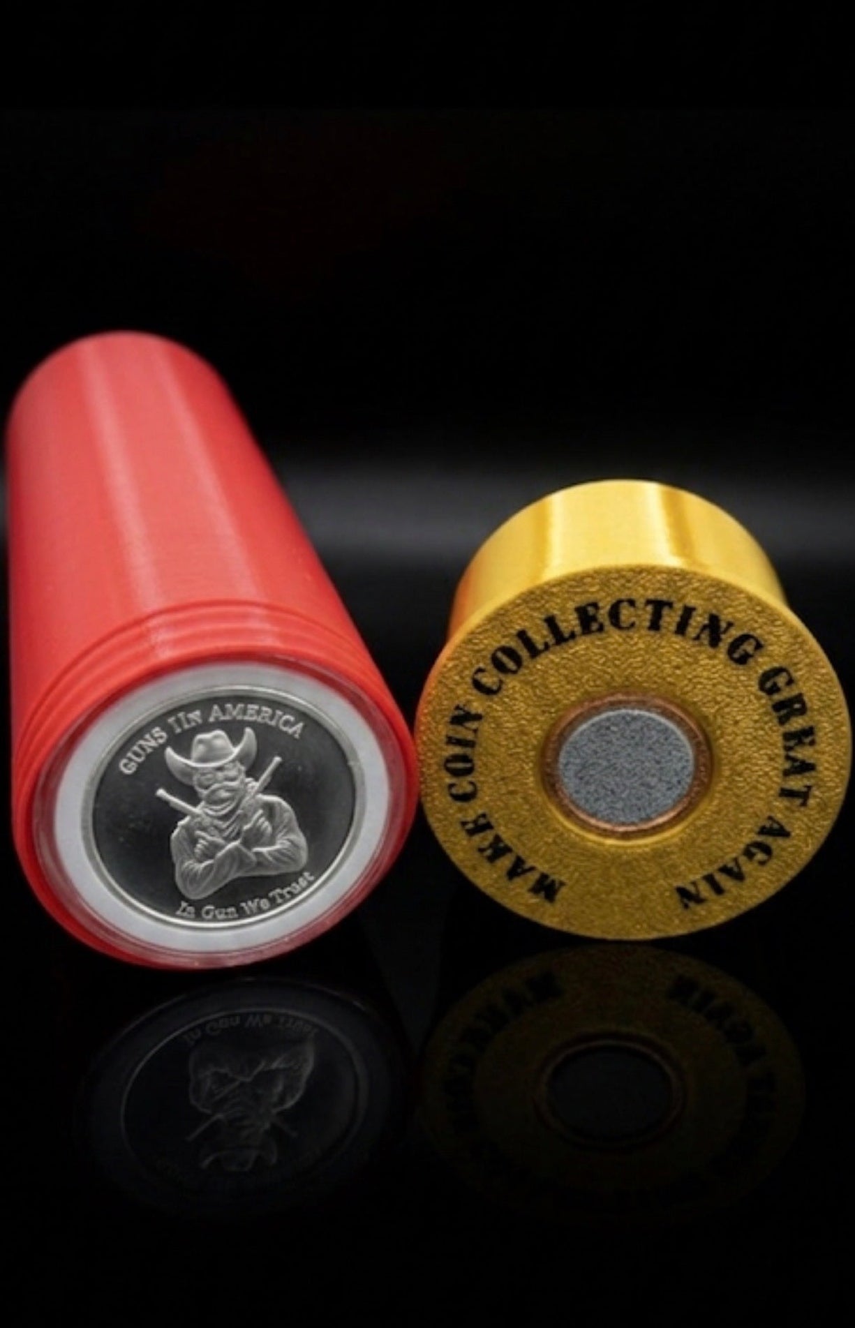 XL SHOTGUN SHELL COIN HOLDER FOR 1 OZ ROUNDS/COINS IN A FOAM CAPSULE! RED AND GOLD COLOR SCHEME.