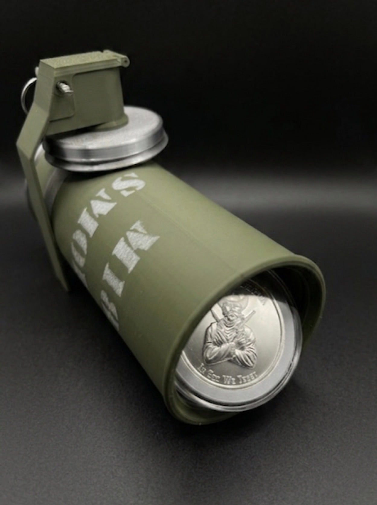 M18 SMOKE GRENADE COIN HOLDER FOR 1 OZ ROUNDS/COINS! MILITARY GREEN AND WHITE COLOR SCHEME.