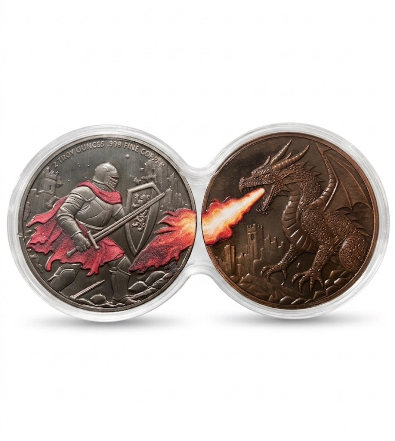 In Stock! (4 ounces!) 2 x 2 oz Knight vs Dragon .999 Copper Medal in Infinity Capsule
