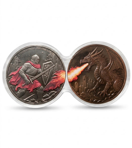 In Stock! (4 ounces!) 2 x 2 oz Knight vs Dragon .999 Copper Medal in Infinity Capsule