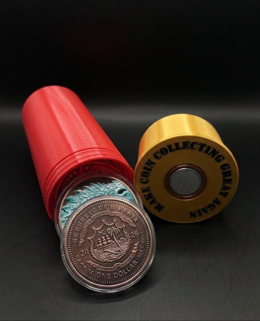 5 oz RED AND GOLD SHOTGUN SHELL HOLDER FOR COPPER OR SILVER!