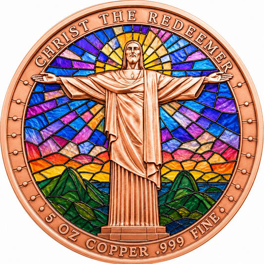 See the back! Stained Glass Christ the Redeemer Colorized 5 oz Copper Medal (05/28)