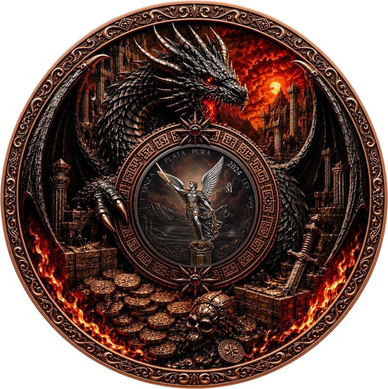 In Stock! St. Michael and the Dragon's Hoard 1 Kilo Copper Medal PLUS 1 oz Silver Libertad Insert