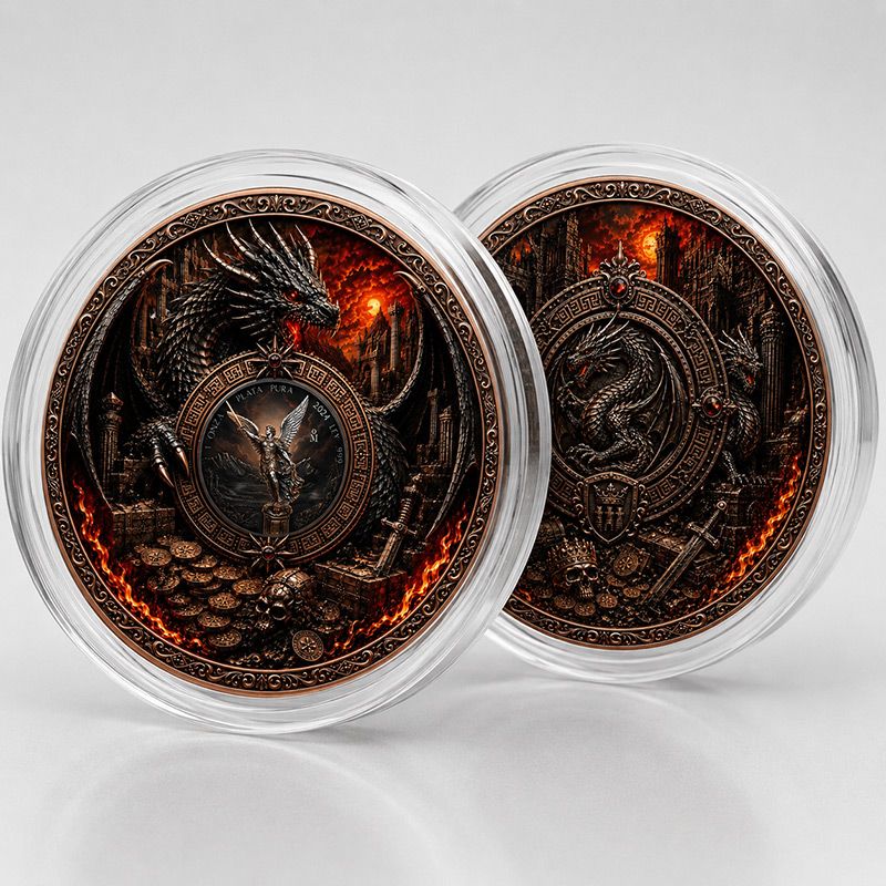 In Stock! St. Michael and the Dragon's Hoard 1 Kilo Copper Medal PLUS 1 oz Silver Libertad Insert
