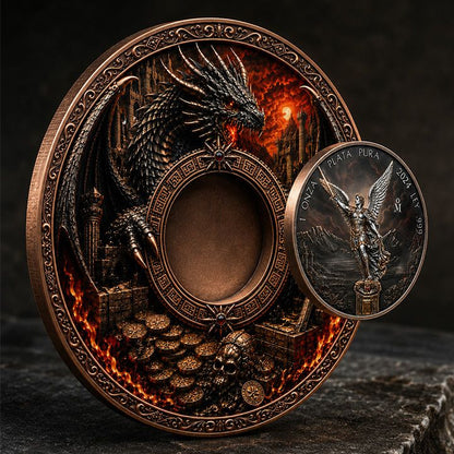 In Stock! St. Michael and the Dragon's Hoard 1 Kilo Copper Medal PLUS 1 oz Silver Libertad Insert