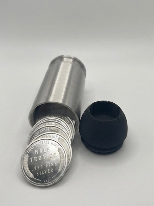 SILVER AND BLACK .45ACP HOLLOW POINT BULLET COIN HOLDER FOR 1/2oz ROUNDS/COINS!