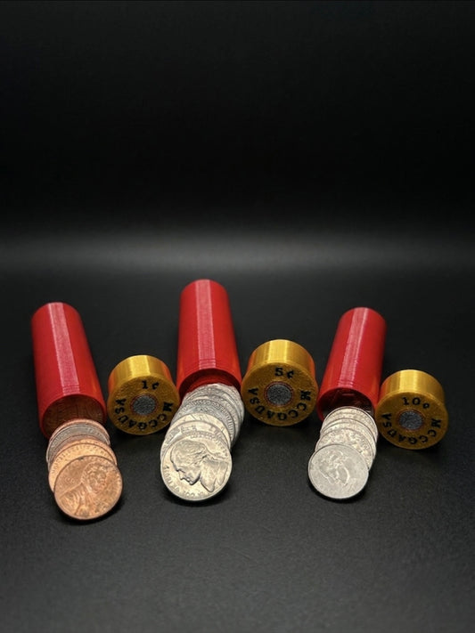 3pc SHOTGUN SHELL SET! PENNY, NICKEL, DIME. RED AND GOLD COLOR SCHEME.
