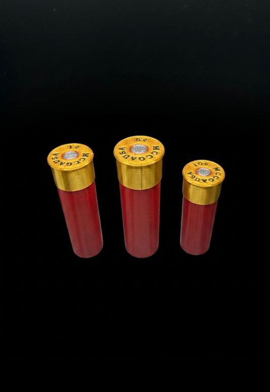 3pc SHOTGUN SHELL SET! PENNY, NICKEL, DIME. RED AND GOLD COLOR SCHEME.