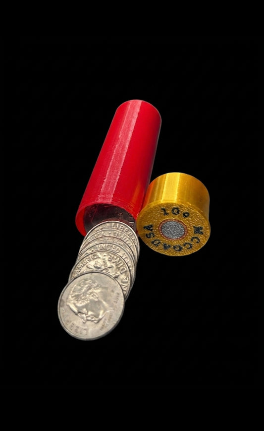 DIME SHOTGUN SHELL COIN HOLDER! RED AND GOLD COLOR SCHEME.