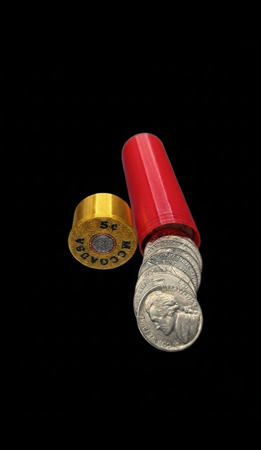 NICKEL SHOTGUN SHELL COIN HOLDER! RED AND GOLD COLOR SCHEME.