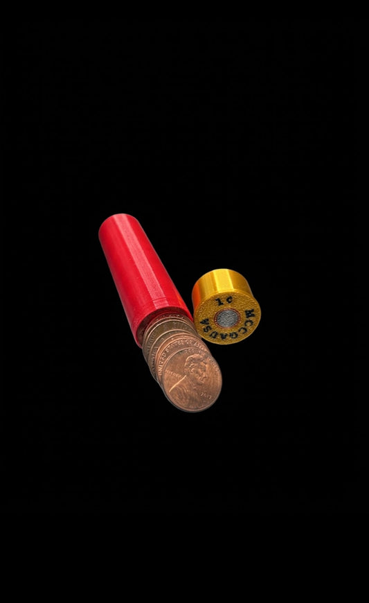 PENNY SHOTGUN SHELL COIN HOLDER! RED AND GOLD COLOR SCHEME.
