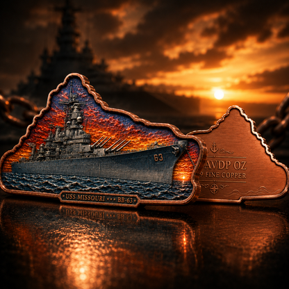 2026 USS Missouri BB-63 –Colorized 5 AVDP oz .999 Fine Copper Shaped Collectible Bar
