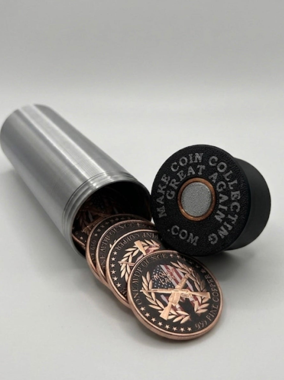 MEDIUM SHOTGUN SHELL COIN HOLDER FOR 1 oz RAW COINS/ROUNDS! SILVER AND BLACK COLOR SCHEME.