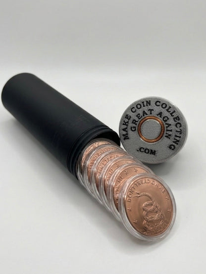 LARGE SHOTGUN SHELL COIN HOLDER FOR 1 oz COINS/ROUNDS IN AIR-TIGHT CAPSULES! BLACK AND SILVER COLOR SCHEME.