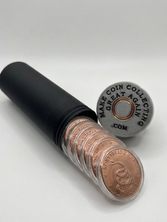 LARGE SHOTGUN SHELL COIN HOLDER FOR 1 oz COINS/ROUNDS IN AIR-TIGHT CAPSULES! BLACK AND SILVER COLOR SCHEME.