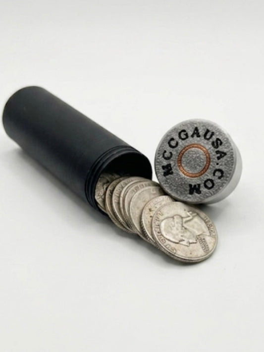 SMALL BLACK AND SILVER SHOTGUN SHELL COIN HOLDER FOR QUARTERS!