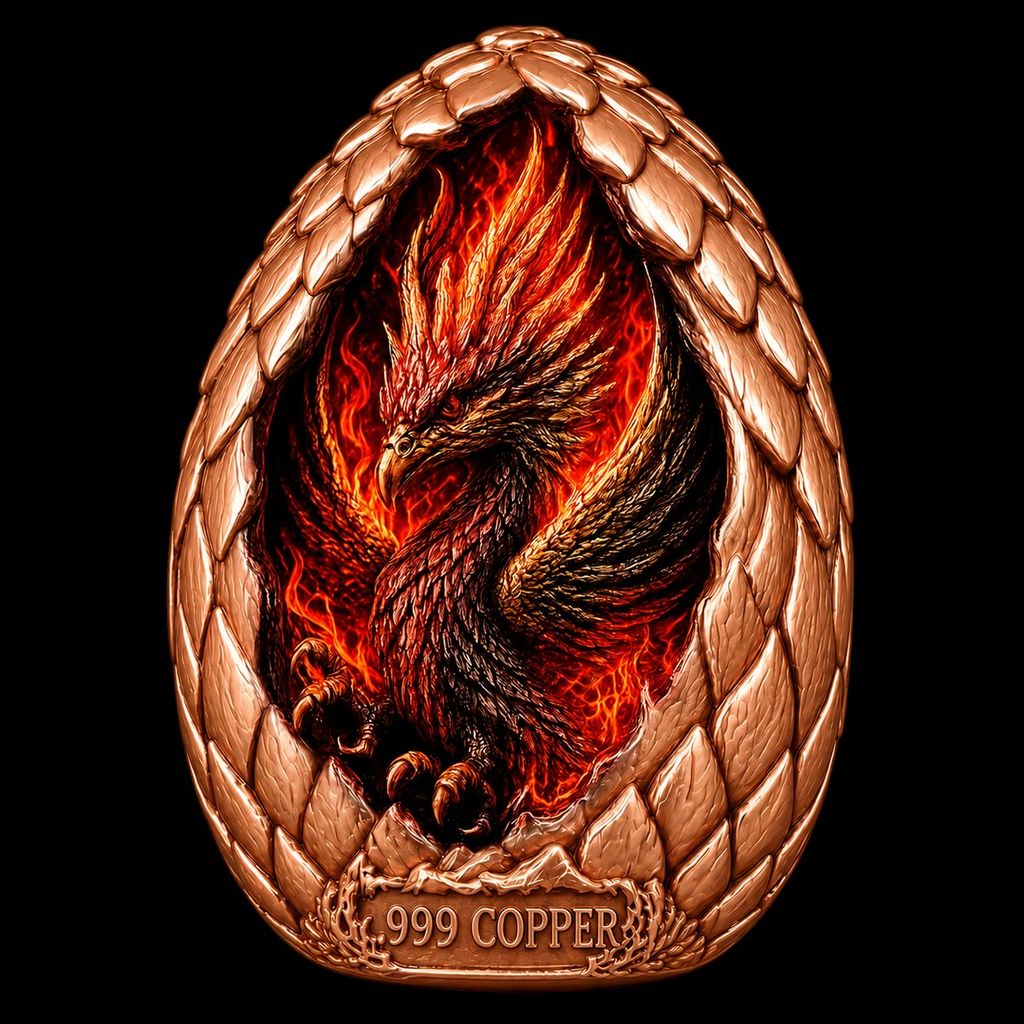 Fiery Phoenix Egg Dome Shaped HR 2 oz Copper Medal