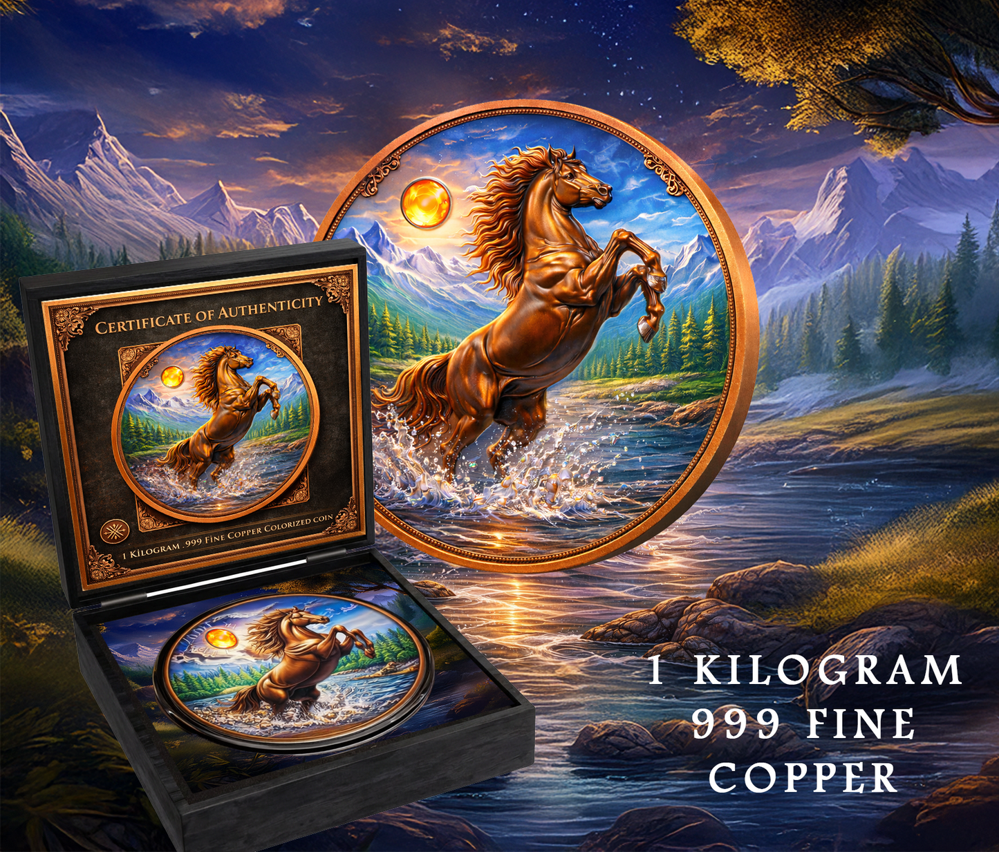 KILO! 2026 Year of The Majestic Mountain Stallion 1 Kilo .999 Fine Copper Colorized Coin | Horse Collector Round with COA & Display Box