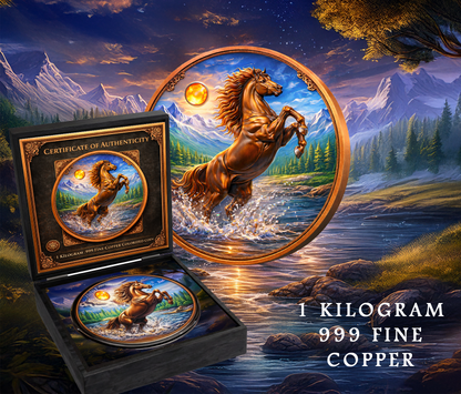 KILO! 2026 Year of The Majestic Mountain Stallion 1 Kilo .999 Fine Copper Colorized Coin | Horse Collector Round with COA & Display Box