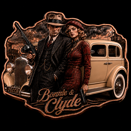 2026 Bonnie & Clyde: Outlaw Legends Antique and Colorized — 5 oz .999 Fine Copper Shaped Art Bar