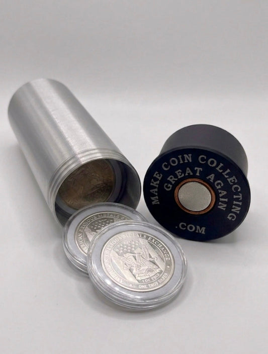 XL SHOTGUN SHELL COIN HOLDER FOR 1 OZ ROUNDS/COINS IN A FOAM CAPSULE! SILVER AND BLACK COLOR SCHEME.