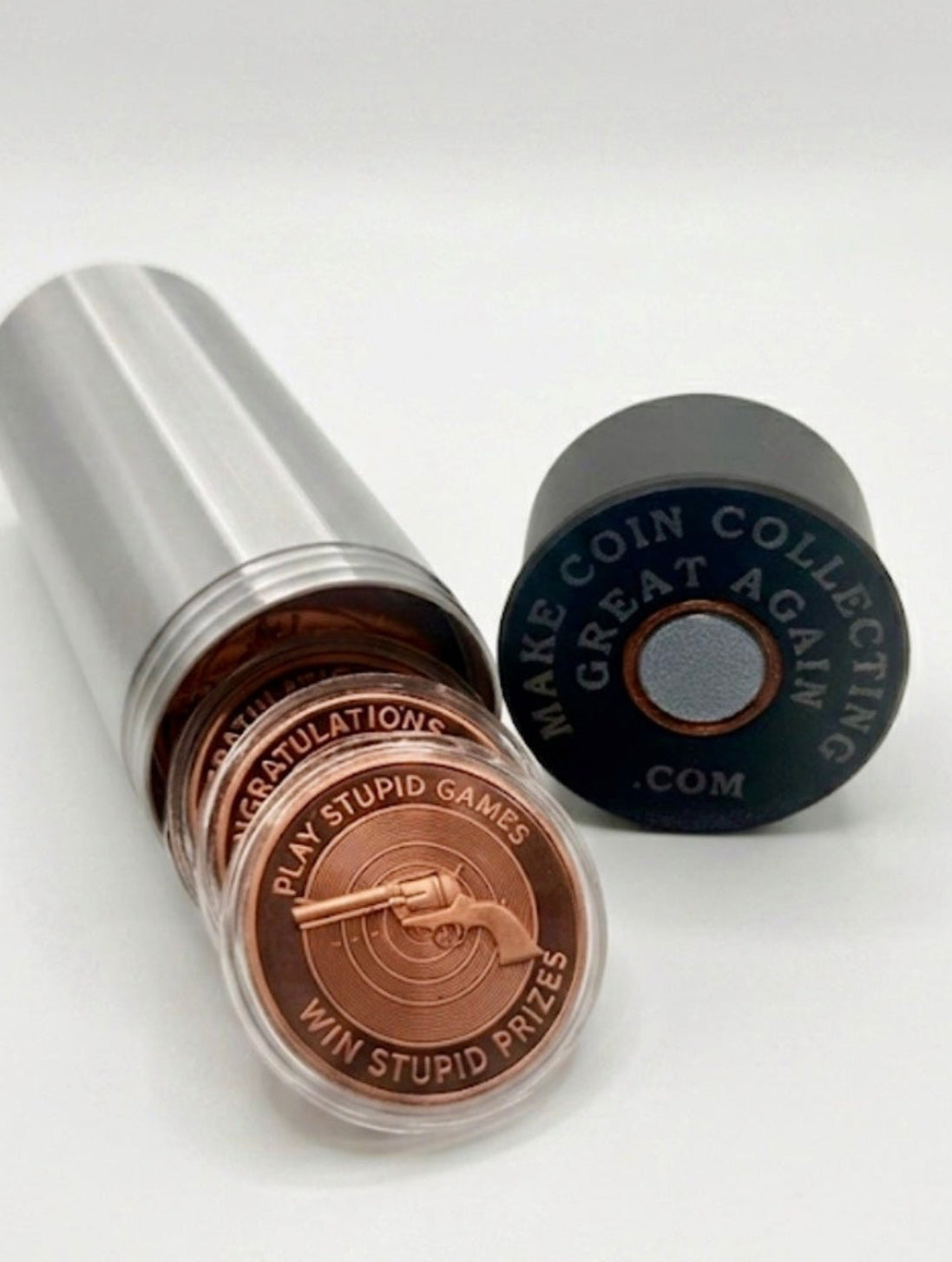 LARGE SHOTGUN SHELL COIN HOLDER FOR 1 oz COINS/ROUNDS IN AIR-TIGHT CAPSULES! SILVER AND BLACK COLOR SCHEME.