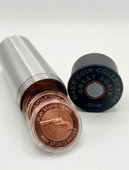 LARGE SHOTGUN SHELL COIN HOLDER FOR 1 oz COINS/ROUNDS IN AIR-TIGHT CAPSULES! SILVER AND BLACK COLOR SCHEME.