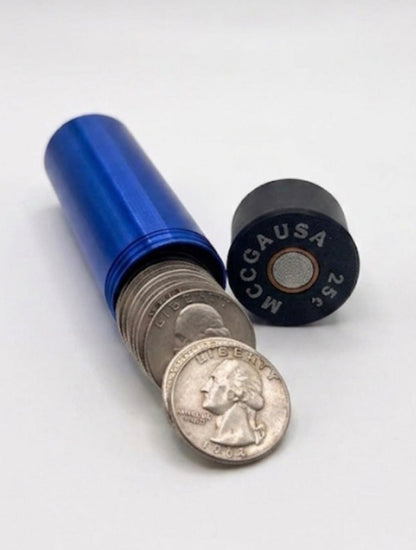 SMALL SHOTGUN SHELL COIN HOLDER FOR QUARTERS! BLUE AND BLACK COLOR SCHEME.