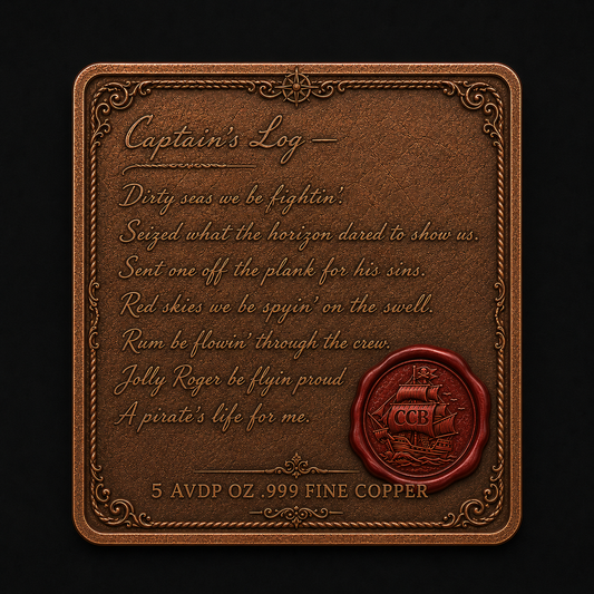 2026 Pirate Queen: Captain’s Log Antique and Colorized 5oz .999vCopper Art Bar