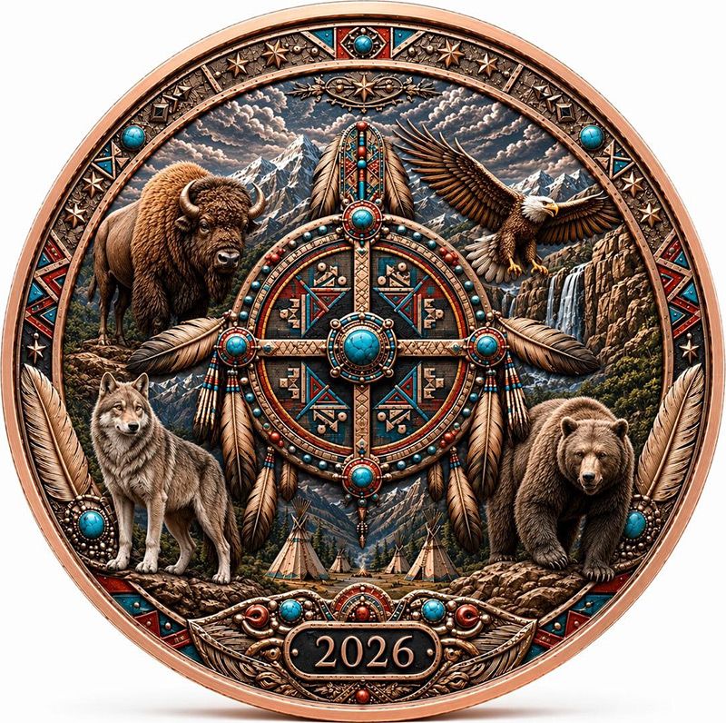 In Stock! North American Wildlife - Spirit of the Tribes UHR Colorized 1 oz Copper Medal in Card