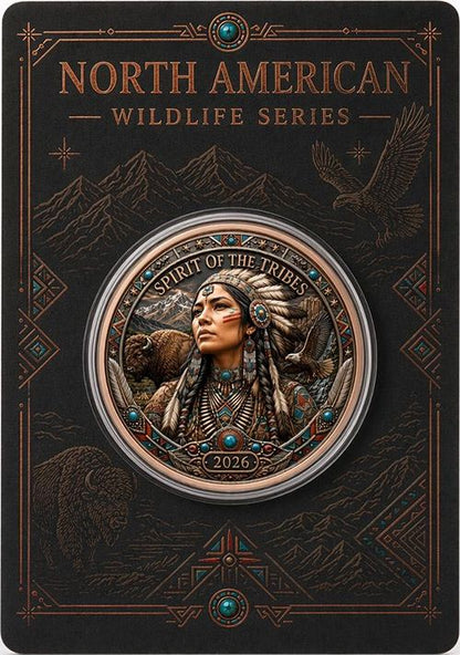 In Stock! North American Wildlife - Spirit of the Tribes UHR Colorized 1 oz Copper Medal in Card