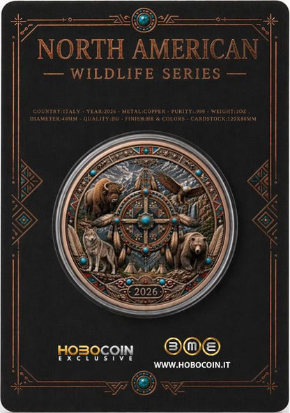 In Stock! North American Wildlife - Spirit of the Tribes UHR Colorized 1 oz Copper Medal in Card