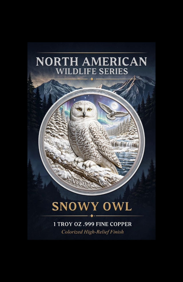 North American Wildlife - Snowy Owl UHR Colorized 1 oz Copper Medal in Card (06/04)