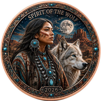 See the back! North American Wildlife - Navajo Nation Spirit of the Wolf UHR Colorized 1 oz Copper Medal in Card (06/05)