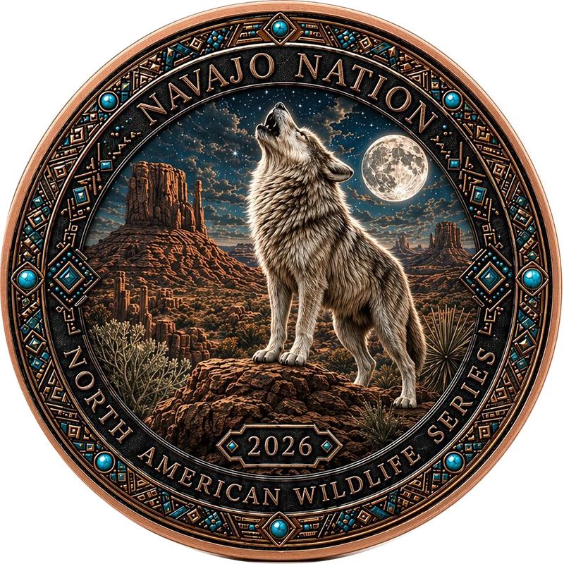 See the back! North American Wildlife - Navajo Nation Spirit of the Wolf UHR Colorized 1 oz Copper Medal in Card (06/05)