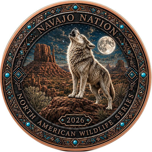In Stock! North American Wildlife - Navajo Nation Spirit of the Wolf UHR Colorized 1 oz Copper Medal in Card